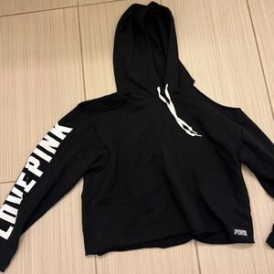PINK Victoria's Secret Black Cropped Hoodie with White Logo